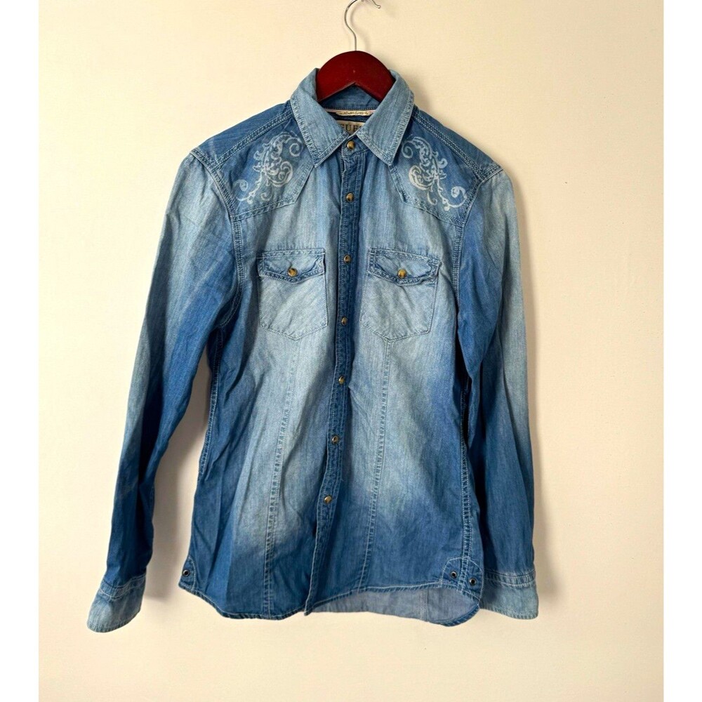 GUESS Mens XS Blue Denim Button-Up Long Sleeve Point Collar Logo M13H57W1JPO